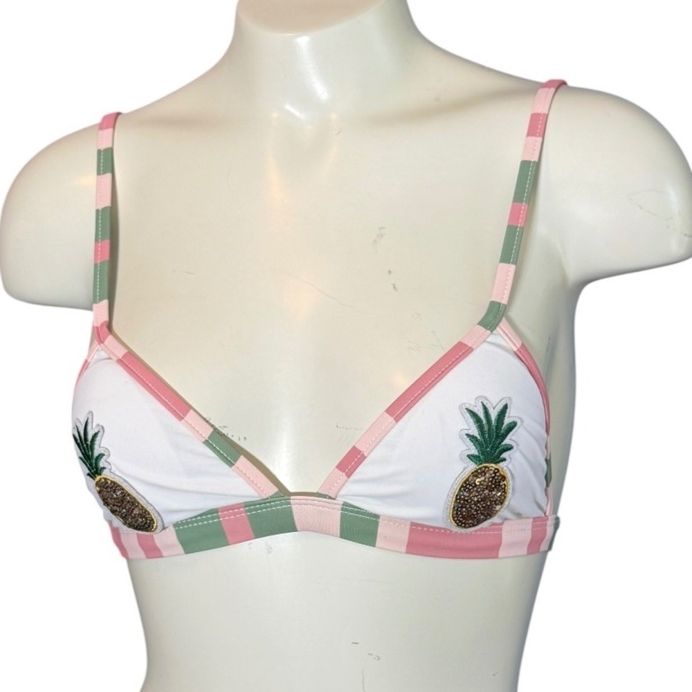 Kensie Pink Green Striped Pineapple Sequin Triangle Bikini Top White Size S